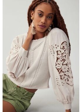 by Anthropologie Cutwork Lace Puff Sleeve Sweater Light beige M